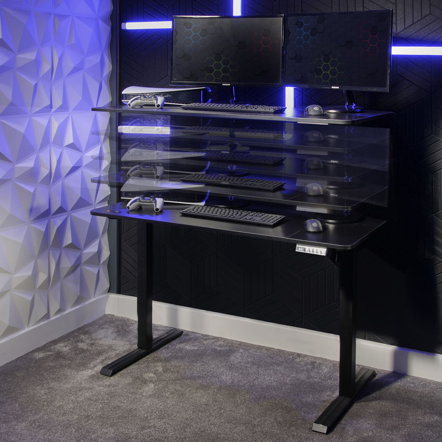 Compact black electric desk for productivity and posture