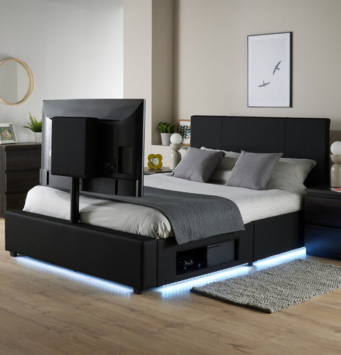 Ava Upholstered TV Bed with LED Lights - Black (4 Sizes)