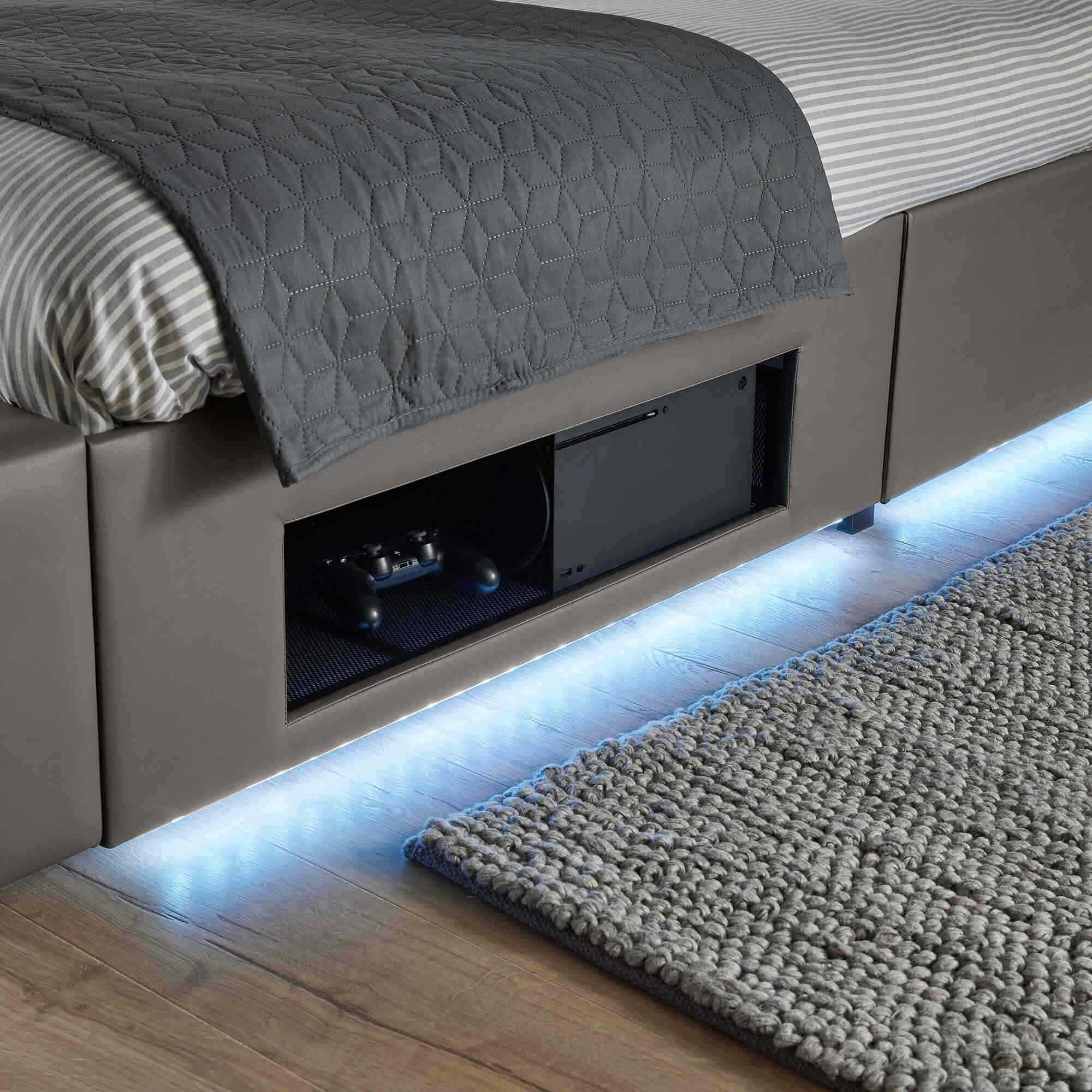 Bed with built-in storage and LED lighting
