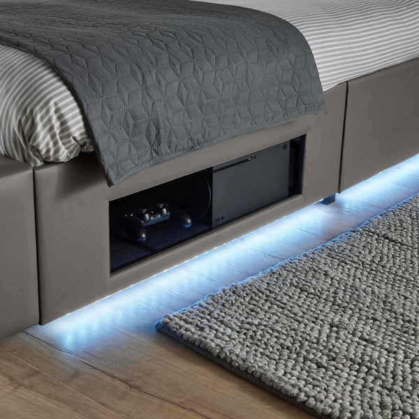 Bed with built-in storage and LED lighting