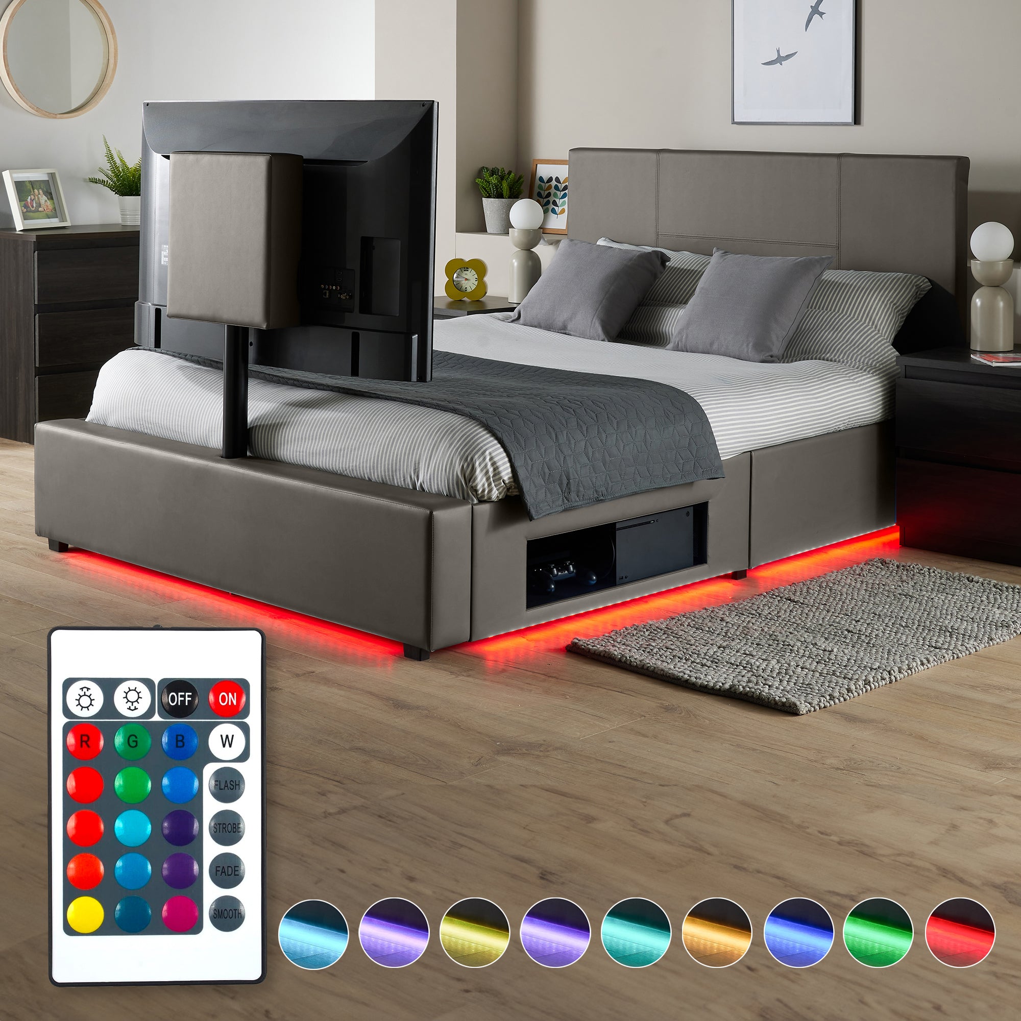 Bed with LED lighting and remote control in a bedroom.