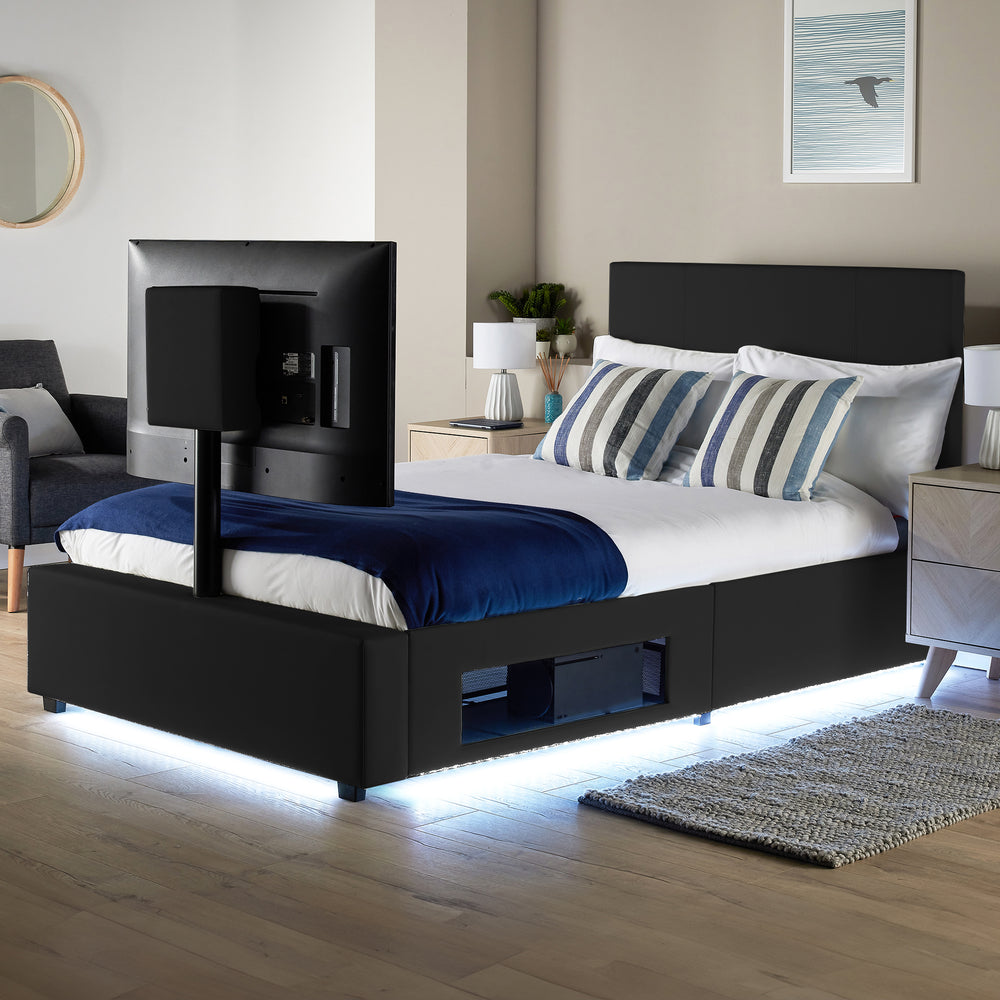 Ava Upholstered TV Bed with LED Lights - Black (4 Sizes)