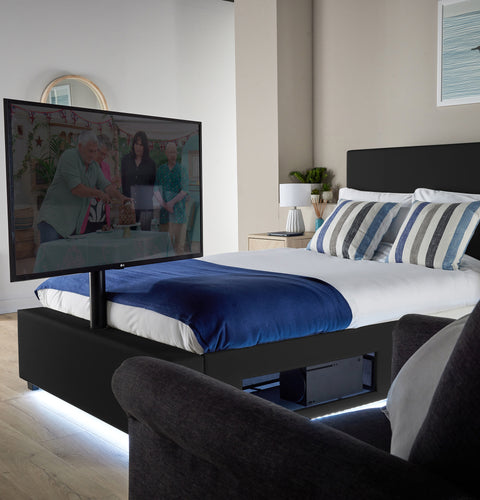 Ava Upholstered TV Bed with LED Lights - Black (4 Sizes)