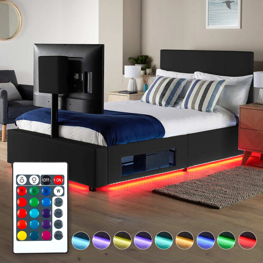 Ava Upholstered TV Bed with LED Lights - Black (4 Sizes)