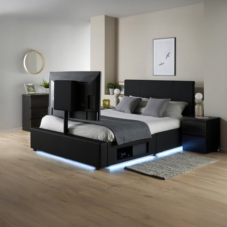 Modern bedroom with a black upholstered bed, gray bedding, and LED lighting.