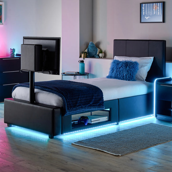 Ava Upholstered TV Bed with LED Lights - Black (4 Sizes)