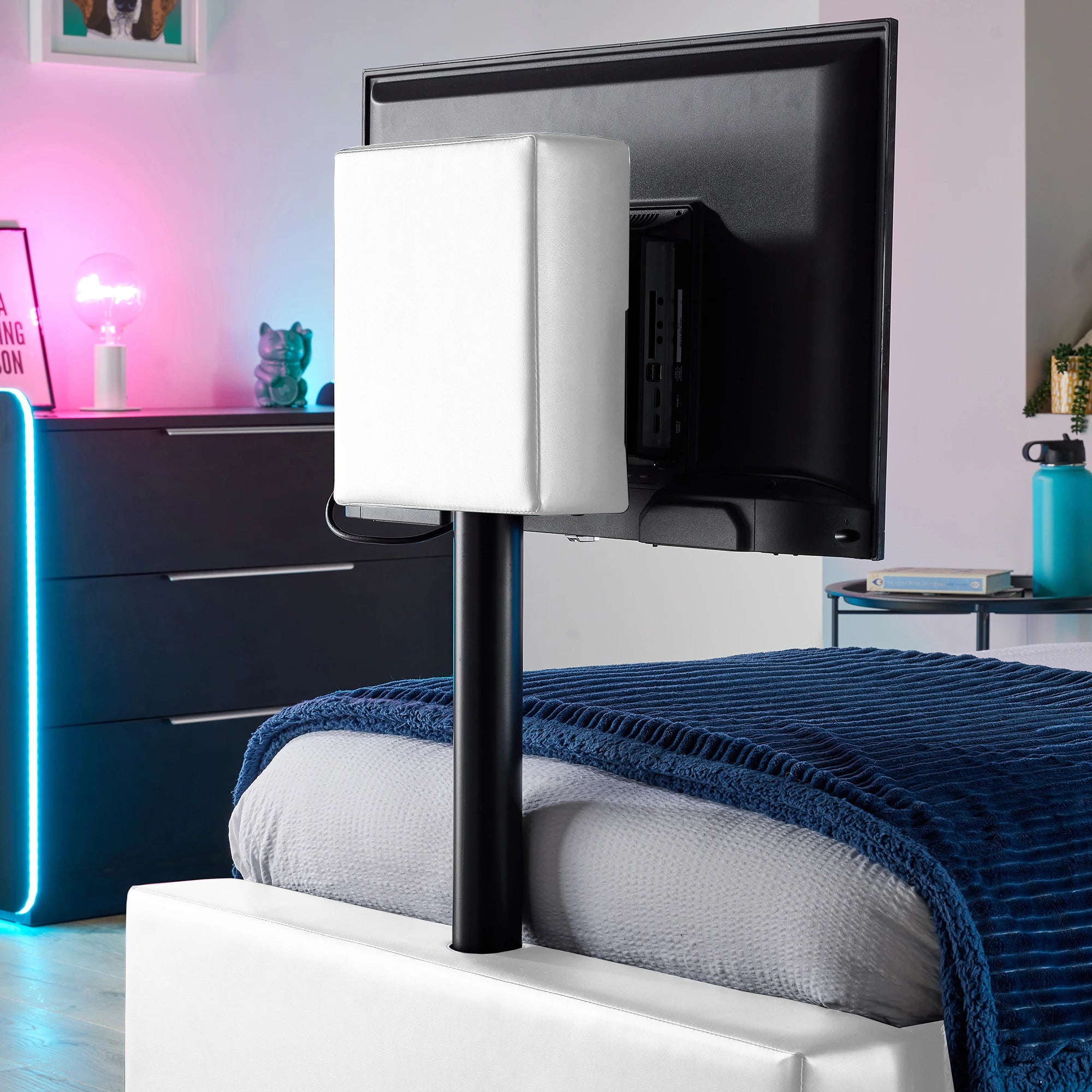 Ava Upholstered TV Bed with LED Lights - White (4 Sizes)