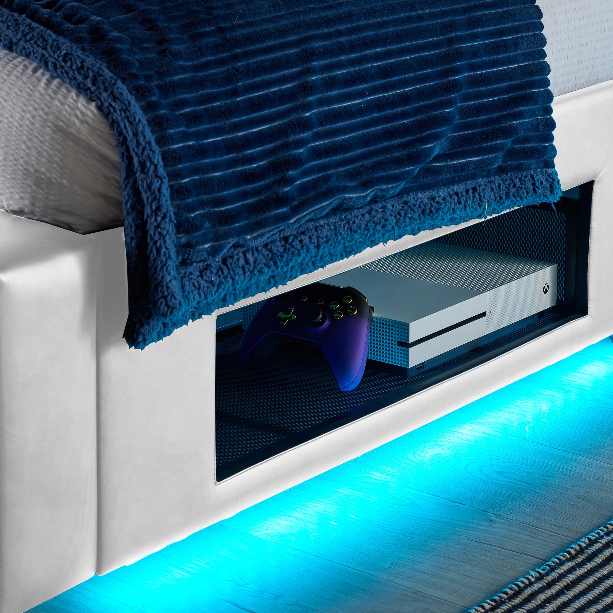 Ava Upholstered TV Bed with LED Lights - White (4 Sizes)