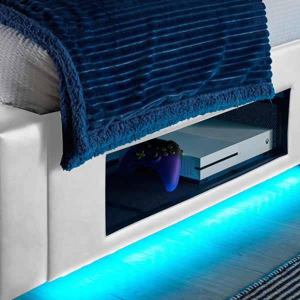 Ava Upholstered TV Bed with LED Lights - White (4 Sizes)