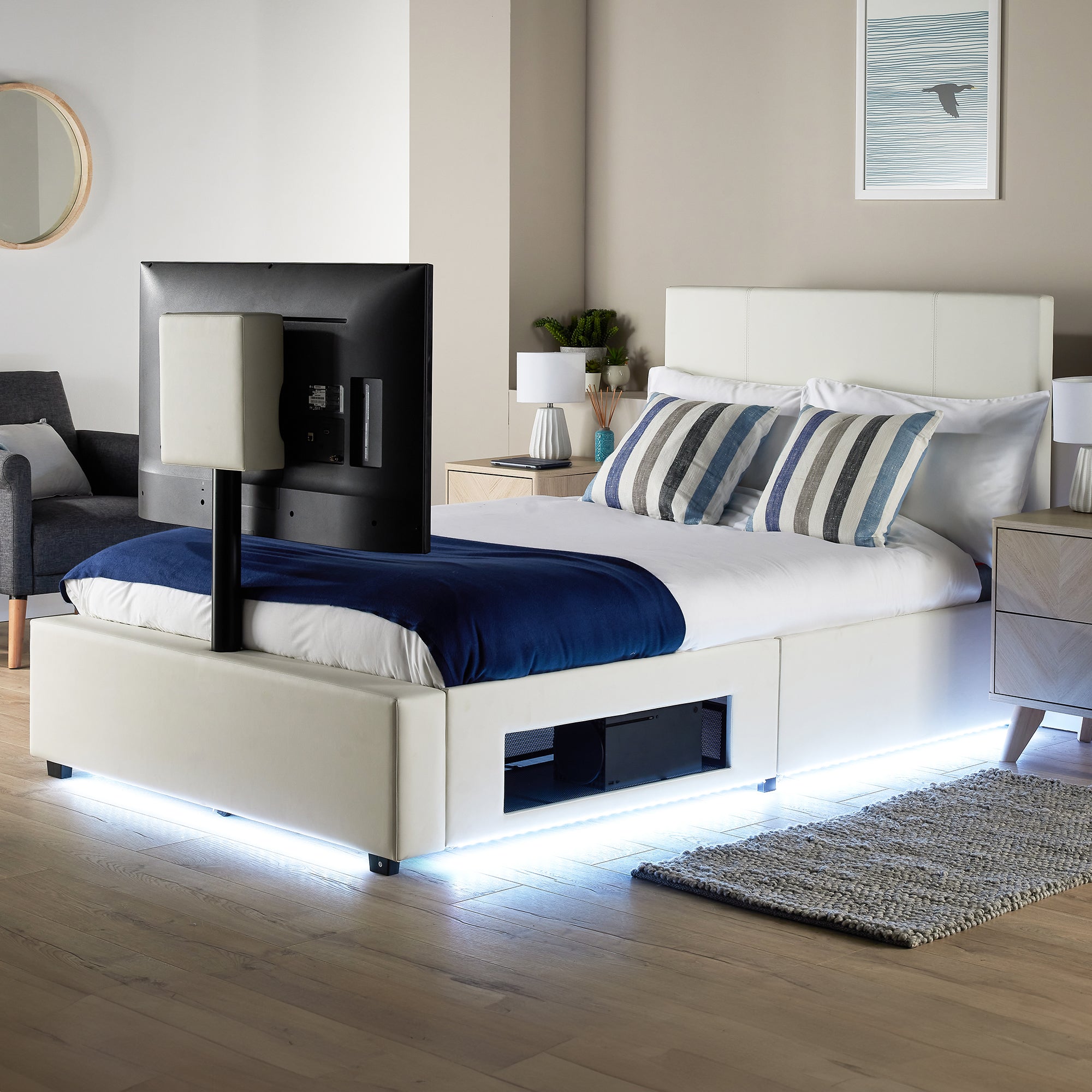 Ava Upholstered TV Bed with LED Lights - White (4 Sizes)