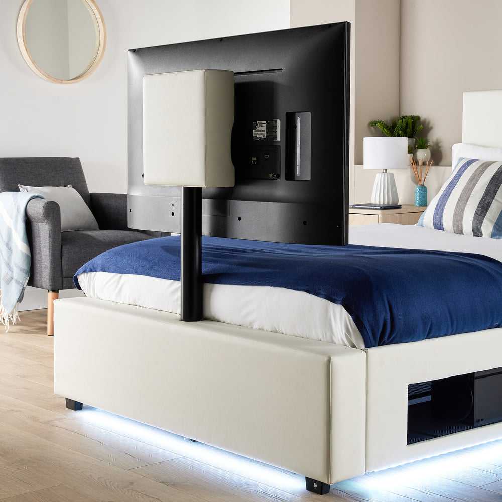 Ava Upholstered TV Bed with LED Lights - White (4 Sizes)