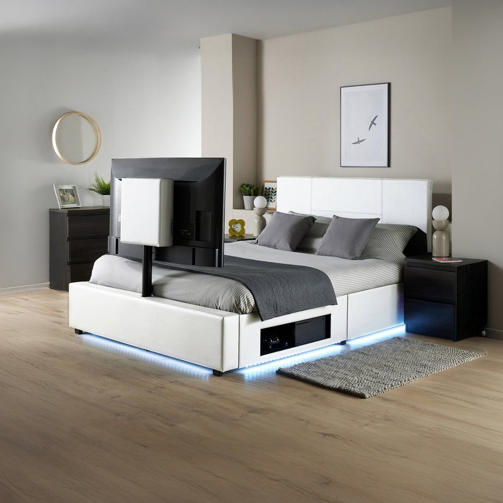 Modern bedroom with a white bed and LED lighting