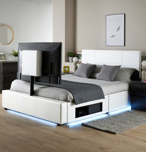Ava Upholstered TV Bed with LED Lights - White (4 Sizes)