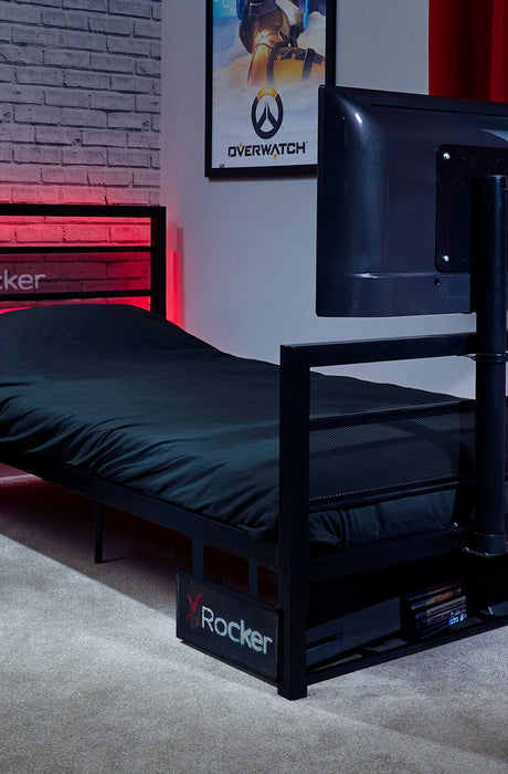 Gaming bed with TV mount setup, showcasing an ergonomic design for ultimate gaming comfort