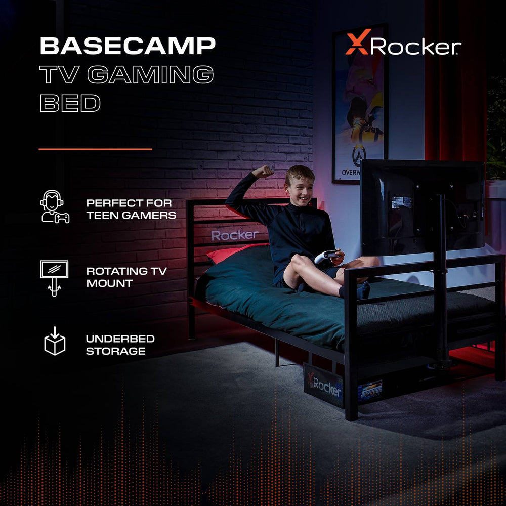 Close-up of the rotating TV mount on the Basecamp gaming bed, compatible with TVs up to 40 inches