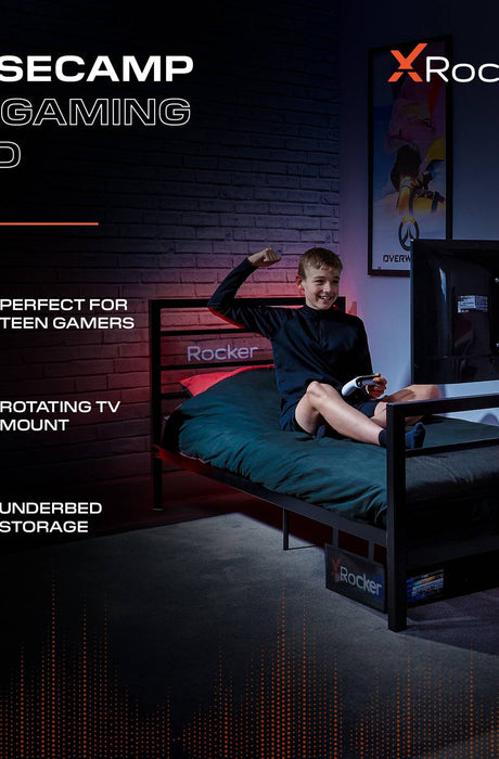 Close-up of the rotating TV mount on the Basecamp gaming bed, compatible with TVs up to 40 inches