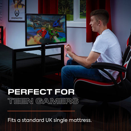 Modern gaming bed with TV mount, LED lighting, and a spacious undercarriage for console storage
