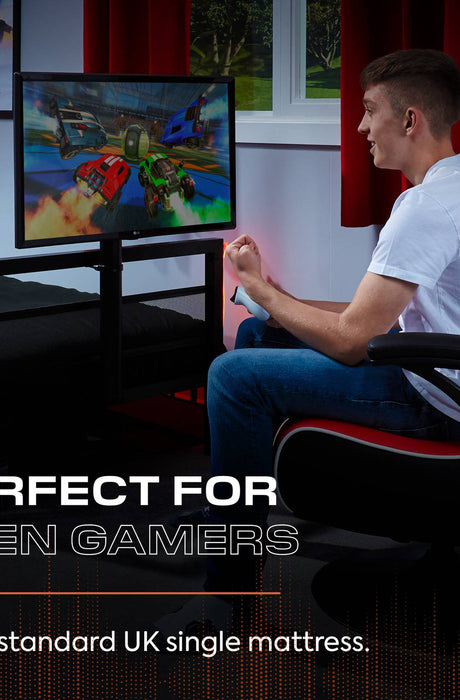 Modern gaming bed with TV mount, LED lighting, and a spacious undercarriage for console storage