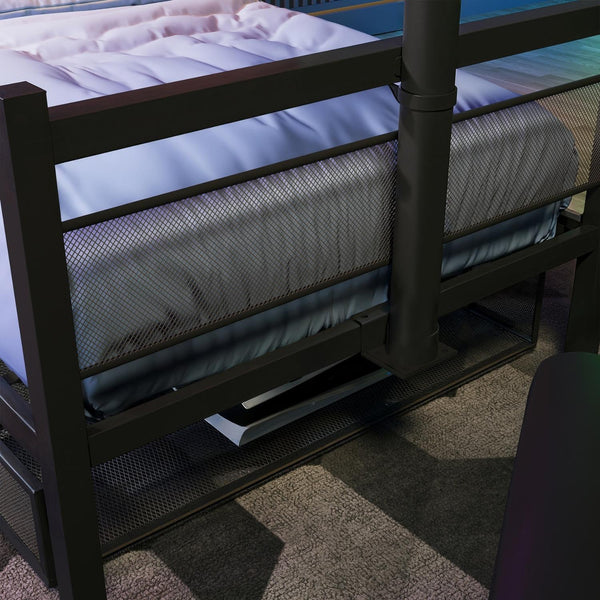 Black metal bed frame with a mattress on a carpeted floor