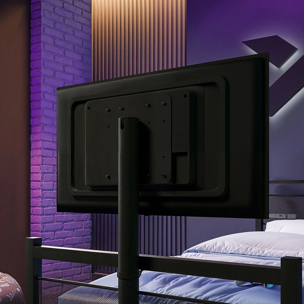 Black TV mount against a modern bedroom wall with purple lighting