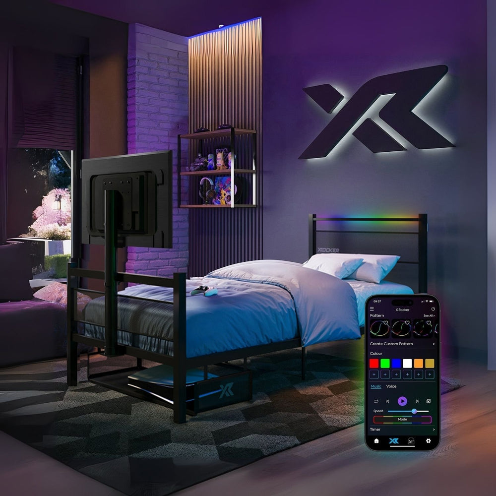 Modern bedroom with RGB lighting and smartphone displaying lighting control app.