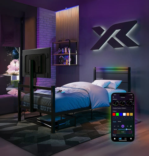 Modern bedroom with RGB lighting and smartphone displaying lighting control app.