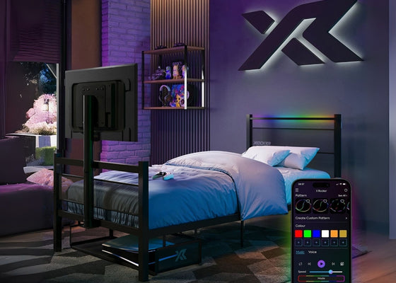 Modern bedroom with RGB lighting and smartphone displaying lighting control app.