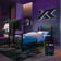 Modern bedroom with RGB lighting and smartphone displaying lighting control app.