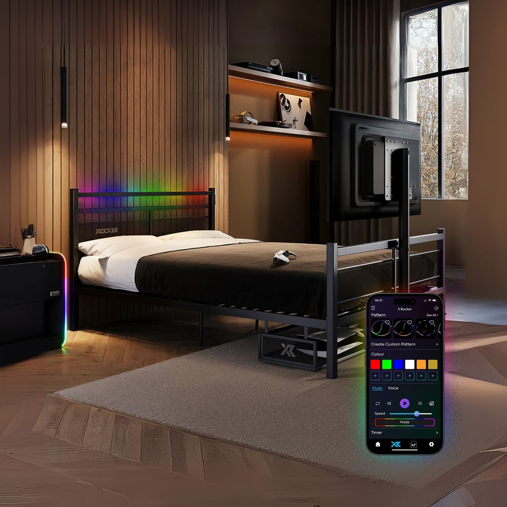 Bedroom with a bed and smartphone displaying RGB color options.