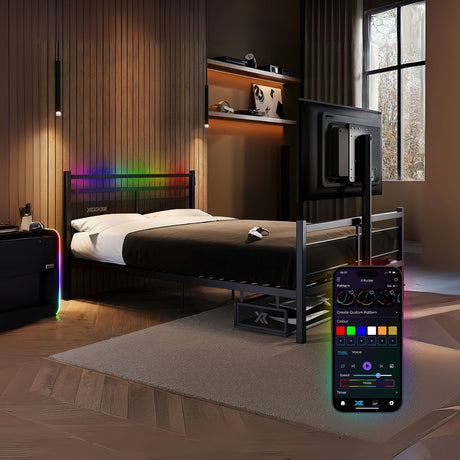 Bedroom with a bed and smartphone displaying RGB color options.