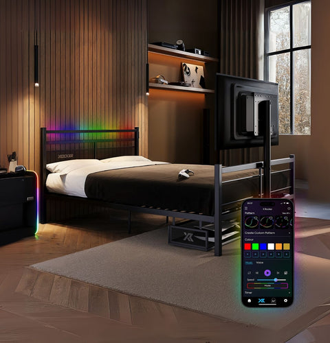 Bedroom with a bed and smartphone displaying RGB color options.