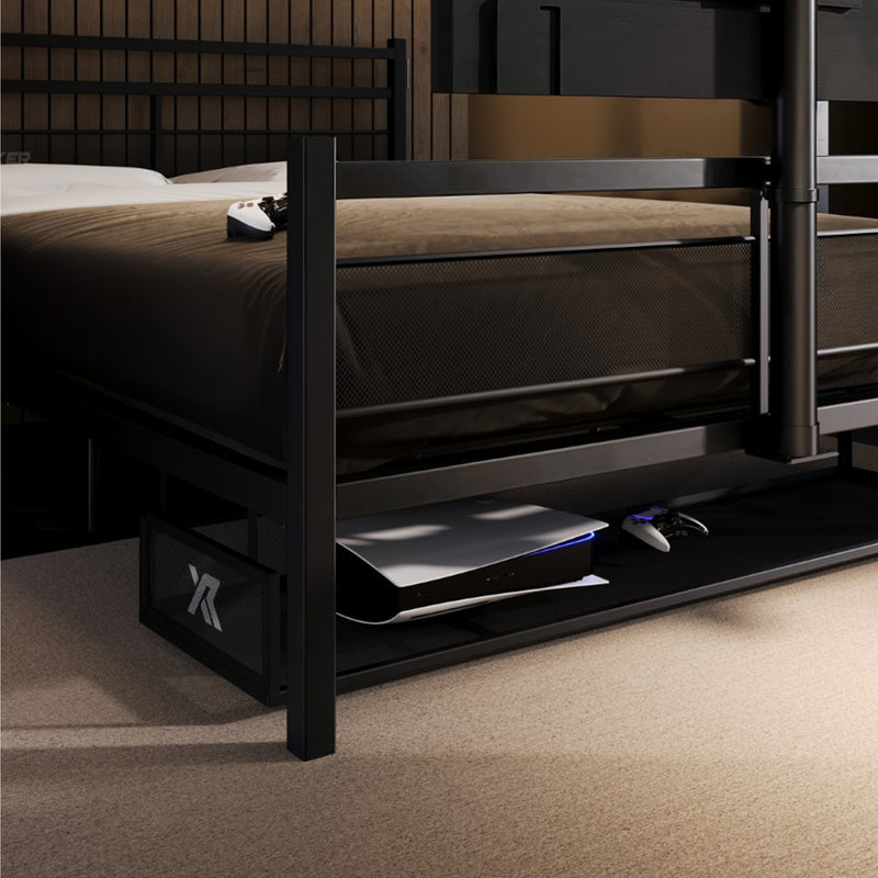 Black metal bed frame with storage drawers in a bedroom setting.