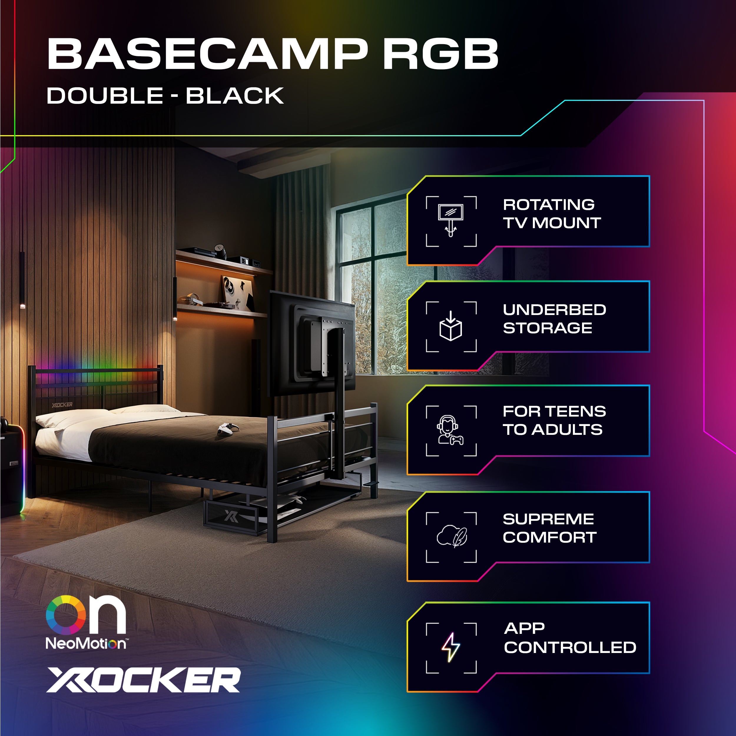 Basecamp RGB double bed with features listed on a dark background