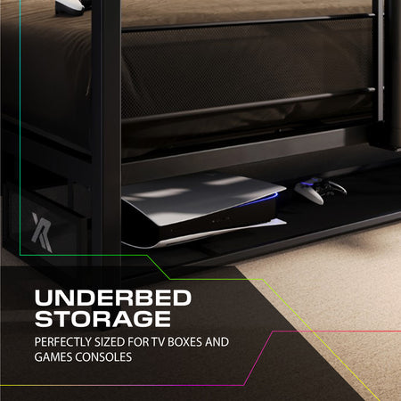 Underbed storage solution with TV boxes and gaming consoles, featuring text 'Underbed Storage' and 'Perfectly sized for TV boxes and games consoles'.