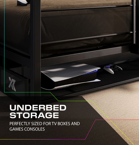 Underbed storage solution with TV boxes and gaming consoles, featuring text 'Underbed Storage' and 'Perfectly sized for TV boxes and games consoles'.