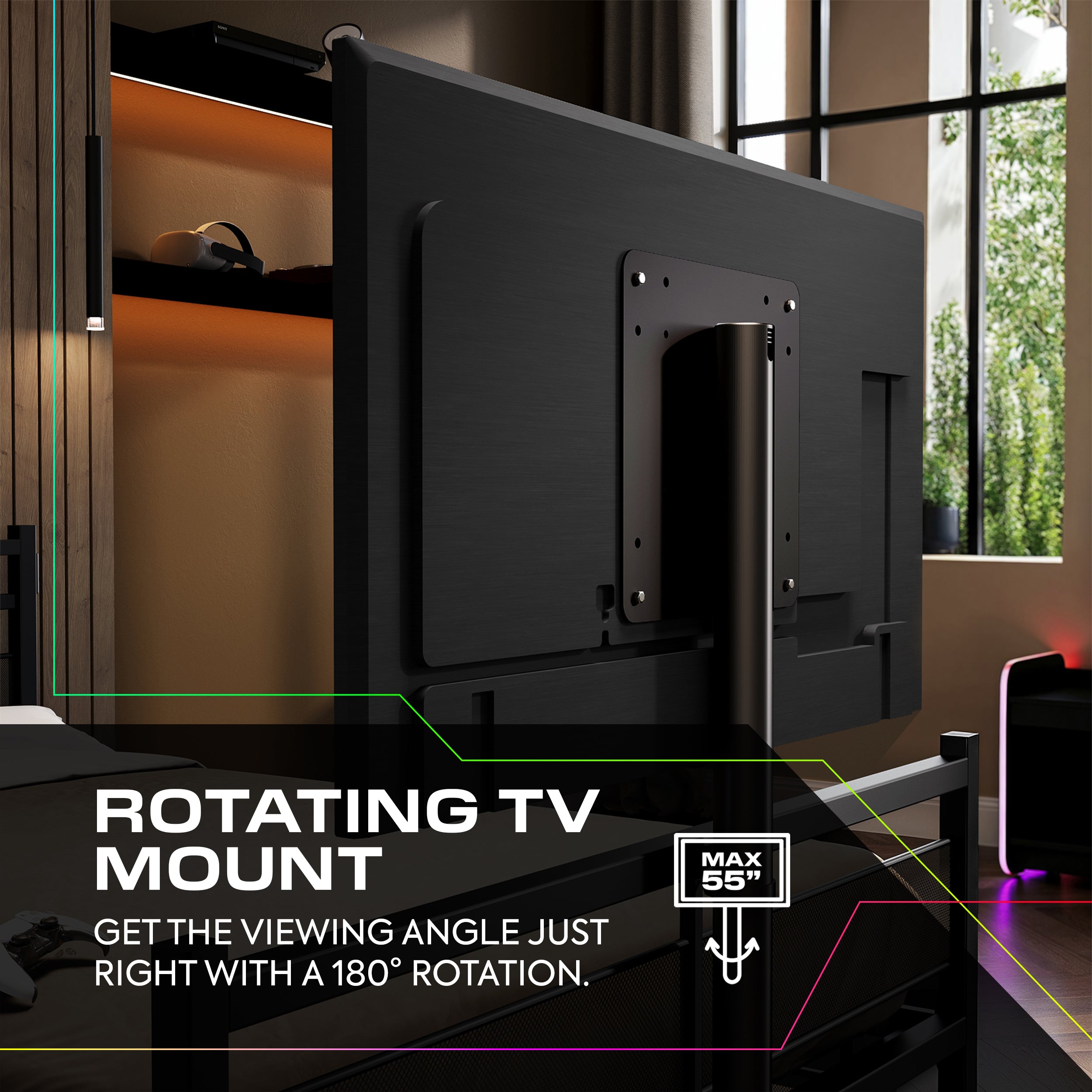 Black rotating TV mount in a room with a window