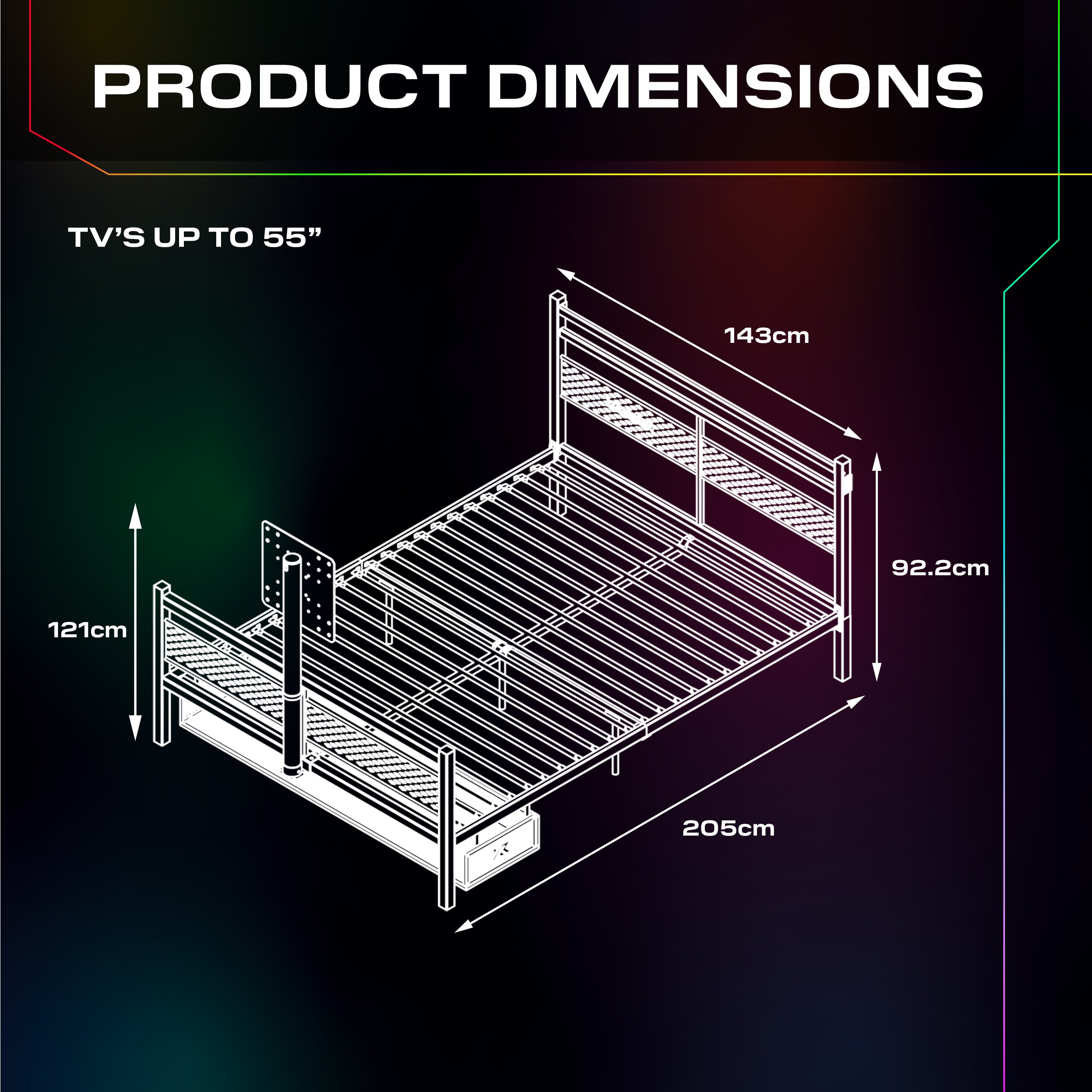 Dimensions of a metal TV stand with measurements in centimeters on a dark background.