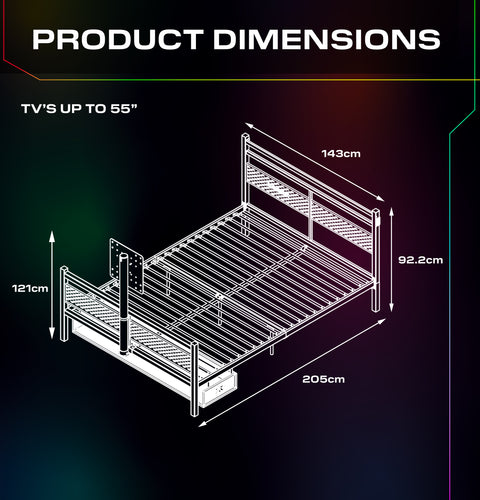 Dimensions of a metal TV stand with measurements in centimeters on a dark background.