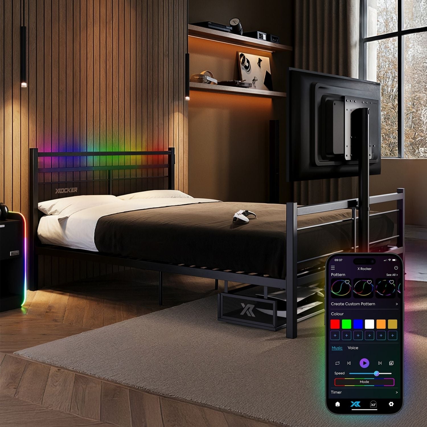 Bedroom with RGB lighting on the headboard and a smartphone displaying lighting control app.