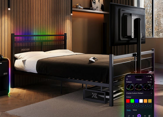 Bedroom with RGB lighting on the headboard and a smartphone displaying lighting control app.