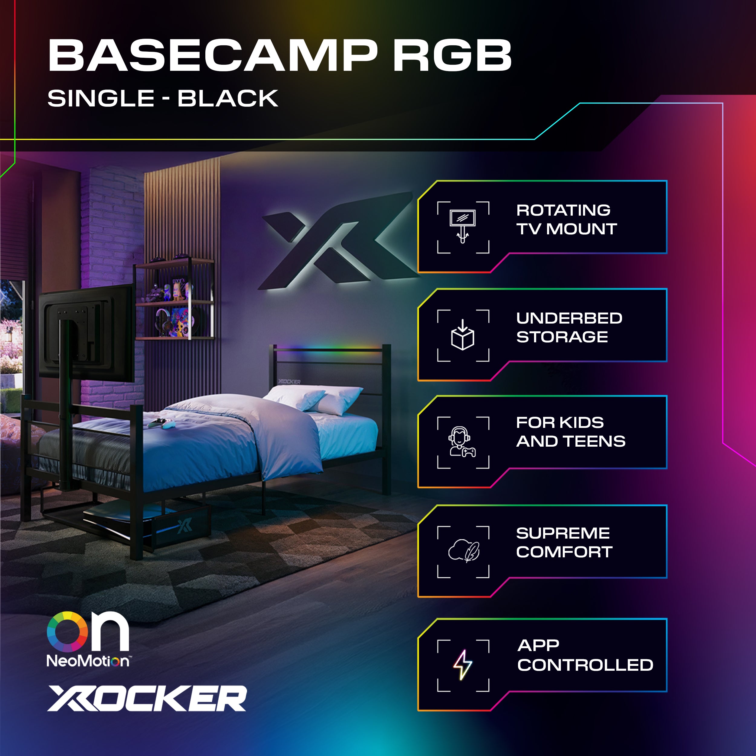 Bedroom setup with BASECAMP RGB single bed, featuring X rocker branding and product features.