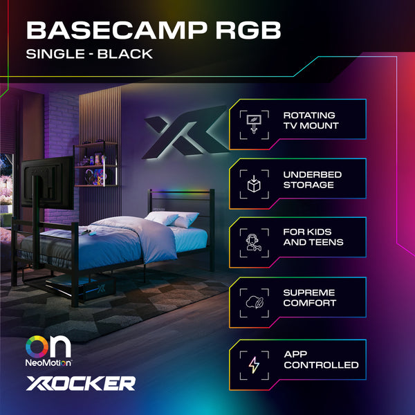 Bedroom setup with BASECAMP RGB single bed, featuring X rocker branding and product features.