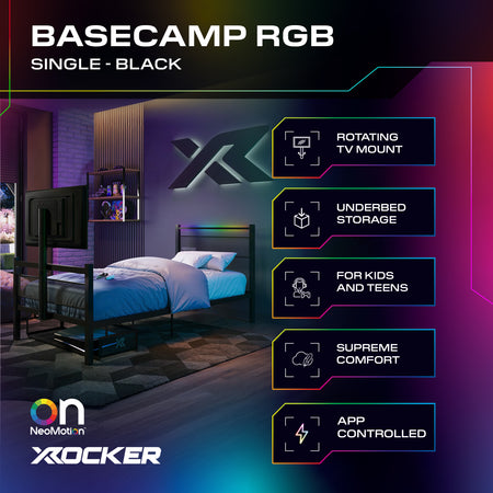 Bedroom setup with BASECAMP RGB single bed, featuring X rocker branding and product features.