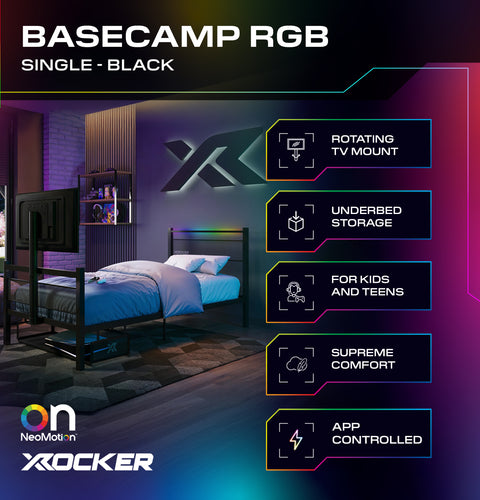 Bedroom setup with BASECAMP RGB single bed, featuring X rocker branding and product features.