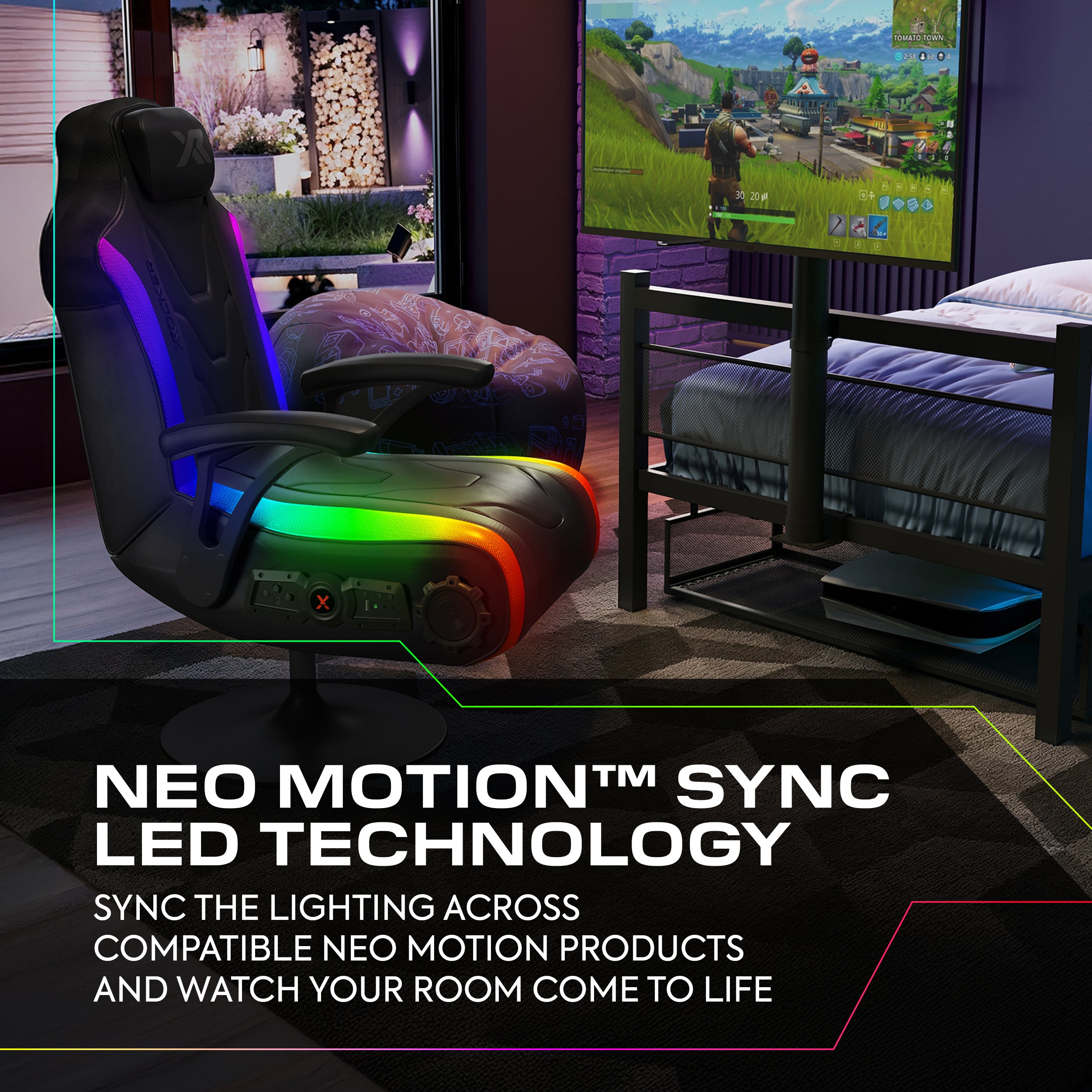 Gaming chair with Neo Motion Sync LED technology in a room setup with a TV and gaming console.
