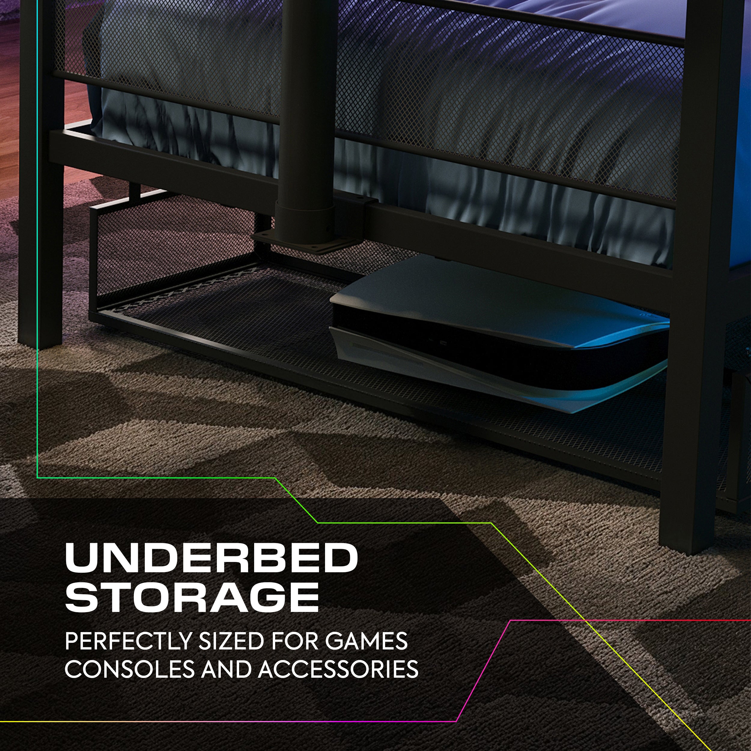 Underbed storage shelf with text highlighting its use for gaming consoles and accessories.