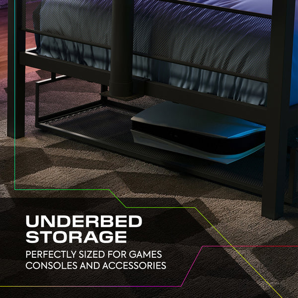 Underbed storage shelf with text highlighting its use for gaming consoles and accessories.