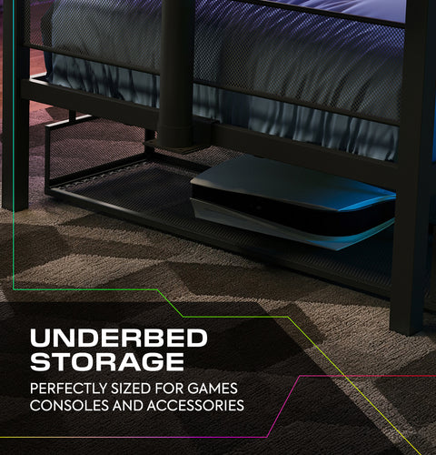 Underbed storage shelf with text highlighting its use for gaming consoles and accessories.