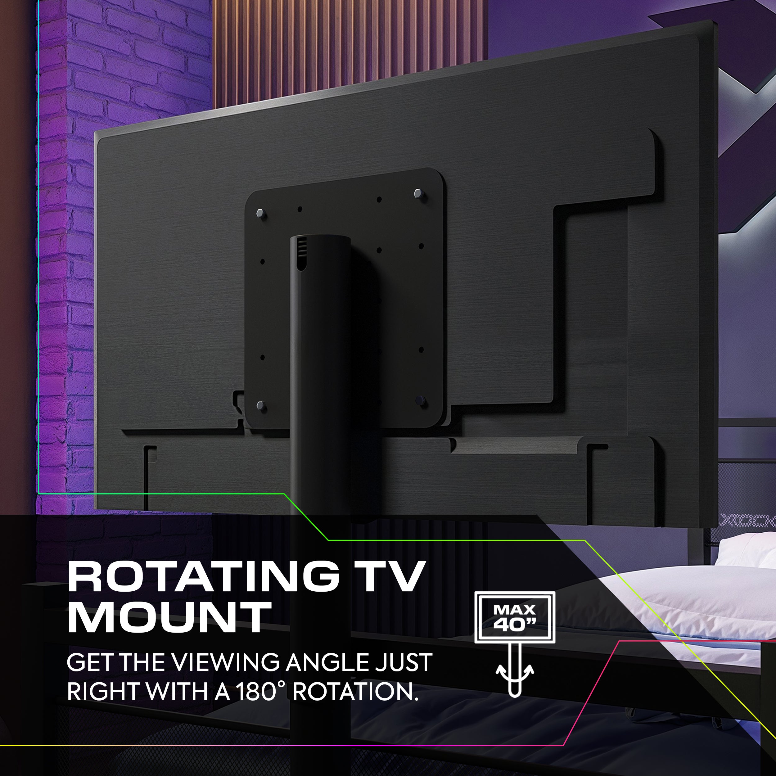 Rotating TV mount with text on a modern room background