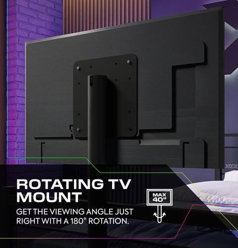 Rotating TV mount with text on a modern room background